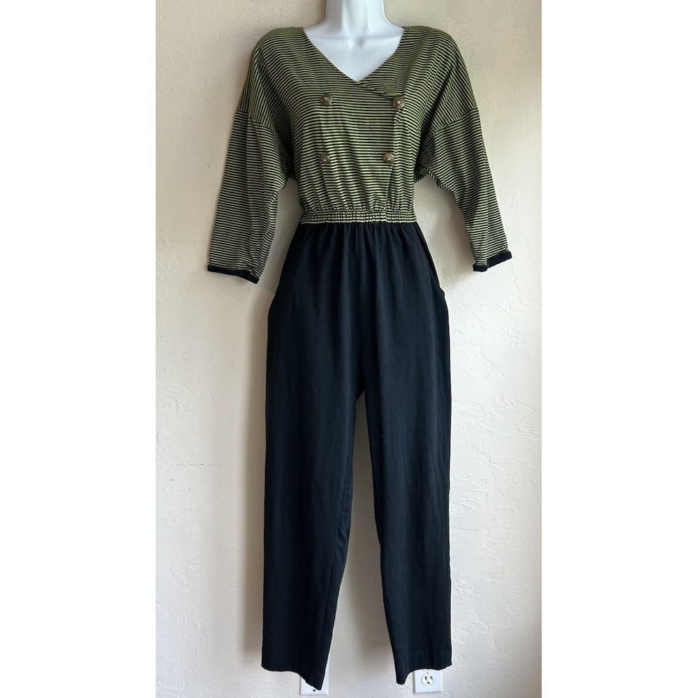 Vintage 80s Fantaseas Striped Jumpsuit L Nautical Double Breasted Preppy Retro